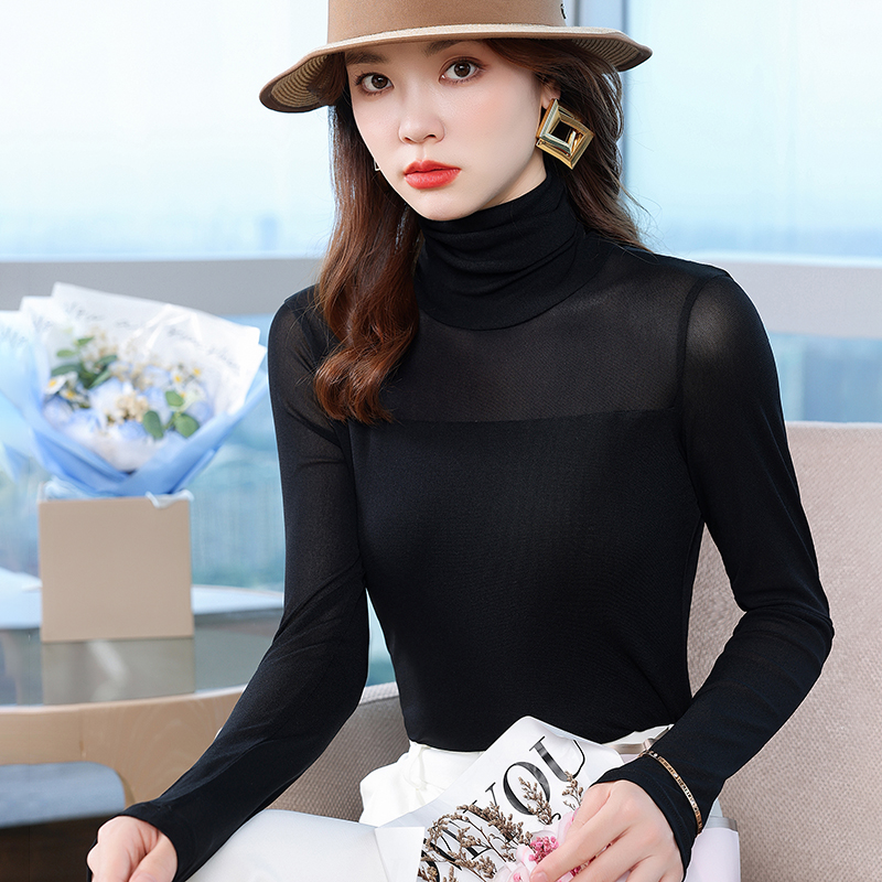 打底衫蕾丝春秋长袖洋气百搭修身半高领秋冬显瘦时尚黑色薄款女