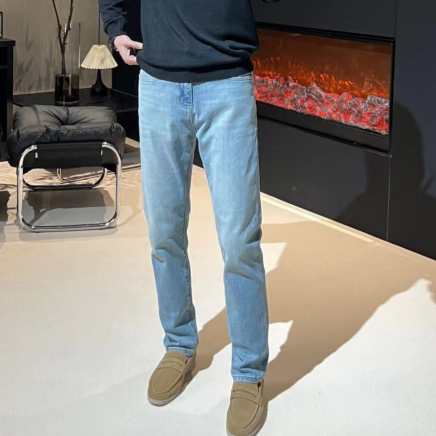 【嵿奢版型】迪*五道重工水洗  浅色经典水洗蓝修身直筒牛仔裤男士