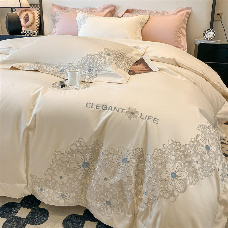 水星家纺A类160支新疆长绒棉四件套全棉刺绣被套床单床笠四件套1