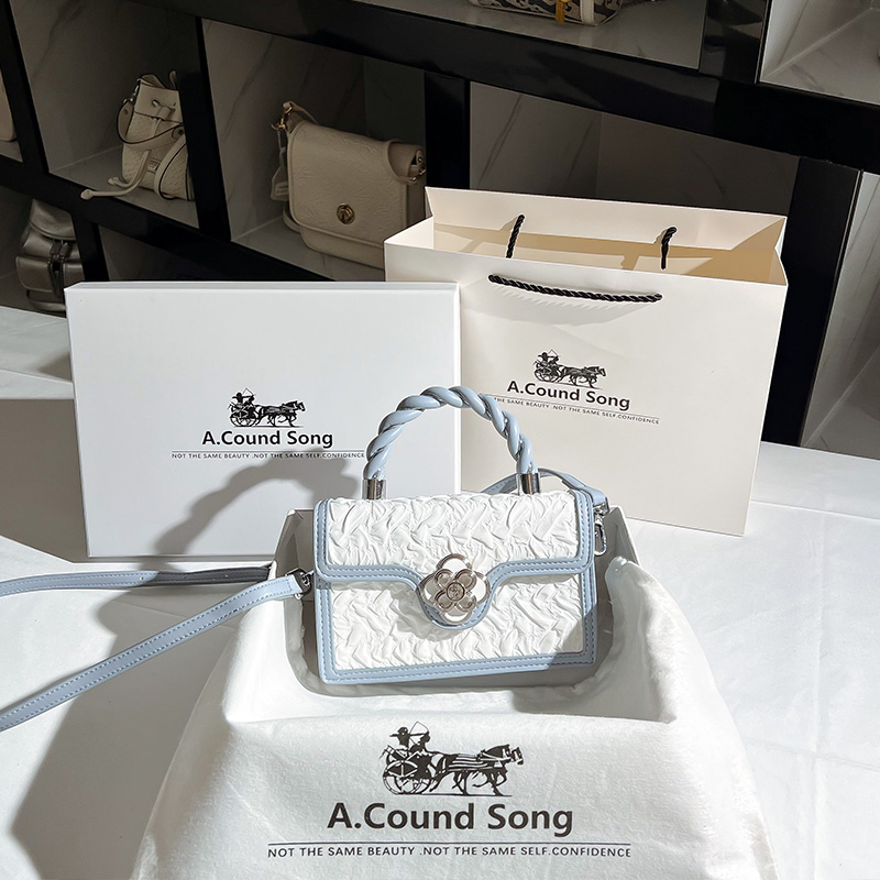 Acound Song真皮小方包时来运转手提小包包2023新款潮褶皱斜挎包