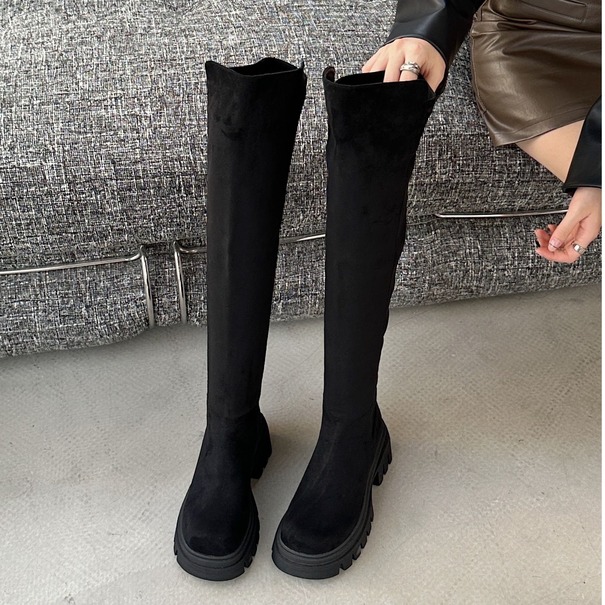 （唯品专属）9-972厚底长靴过膝靴小个子时尚百搭显瘦弹力靴高筒