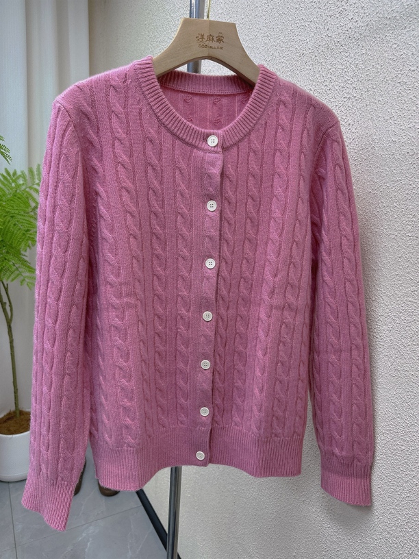 100%山羊绒A类纱圆领加厚麻花羊绒开衫