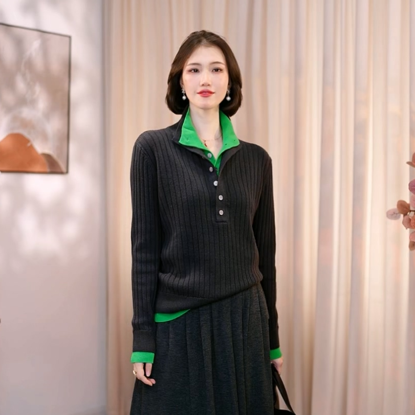 【白小白精选】落日余晖撞色双层领宽松长袖毛衣套头休闲羊毛衫7515