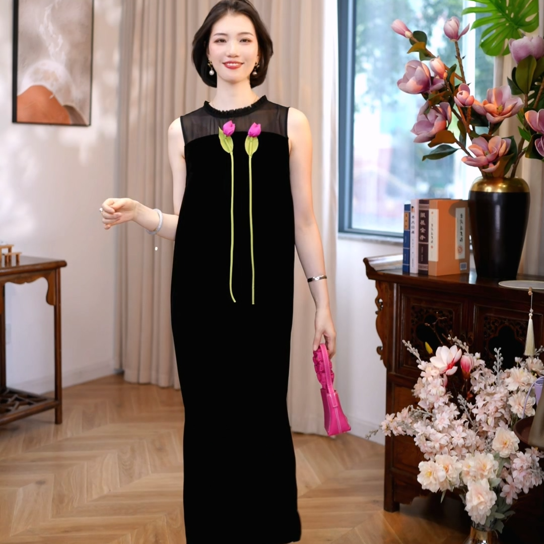 【白小白精选】郁金香手工立体花真丝丝绒连衣裙宽松直筒连衣裙8093