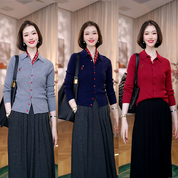 【现货号】火烈鸟手工钉珠针织翻领排扣长袖弹力的针织衫4630H