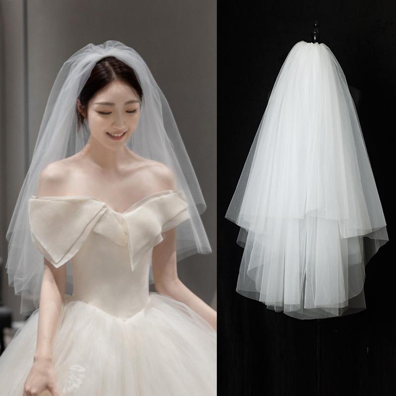 头纱新娘主婚纱领证登记婚礼头饰照道具超仙双层缎面长拖尾婚纱