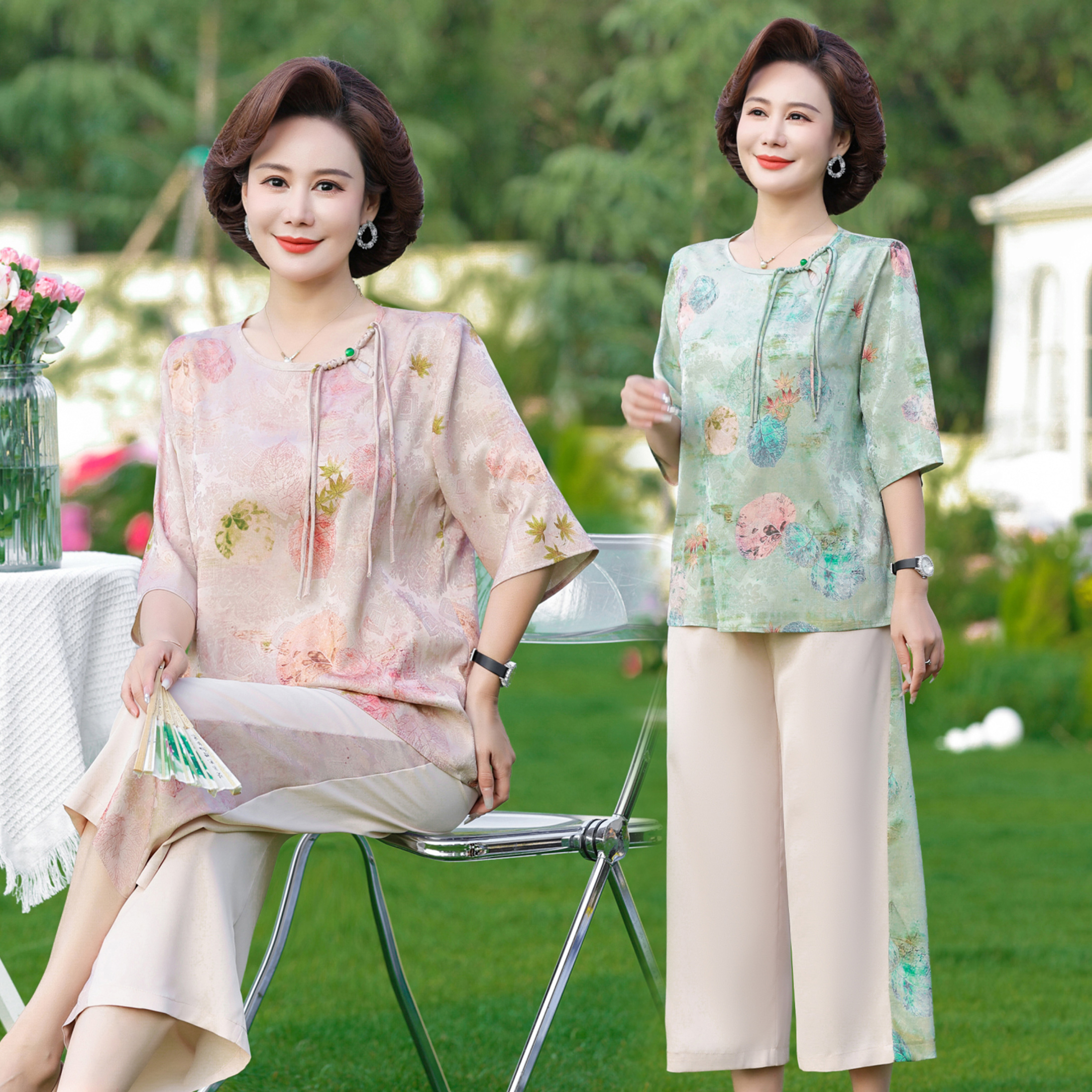 中年妈妈夏装新中式国风套装洋气中老年女时尚中袖小衫休闲两件套