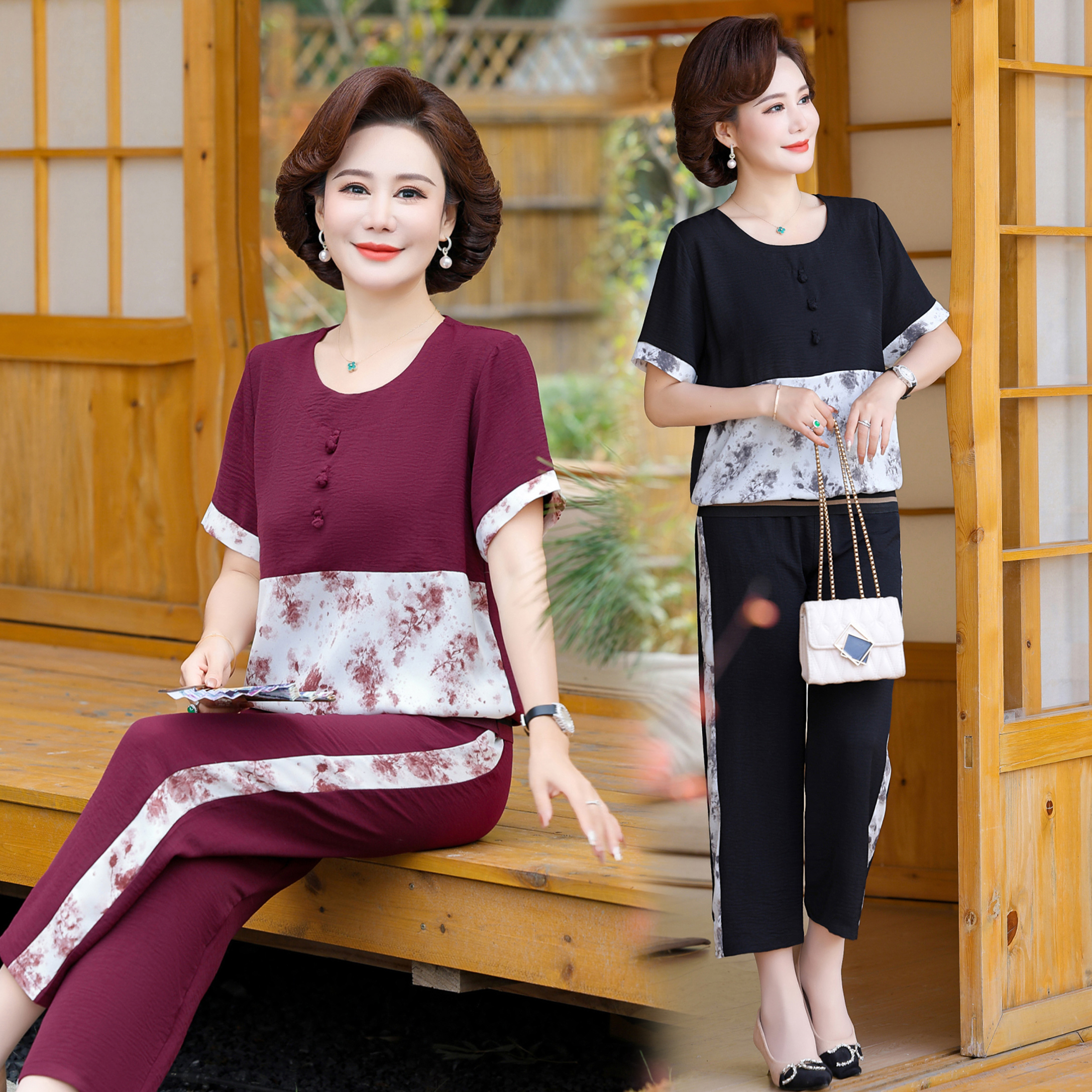 中年妈妈夏季休闲两件套洋气时尚新款运动服套装中老年女短袖上衣