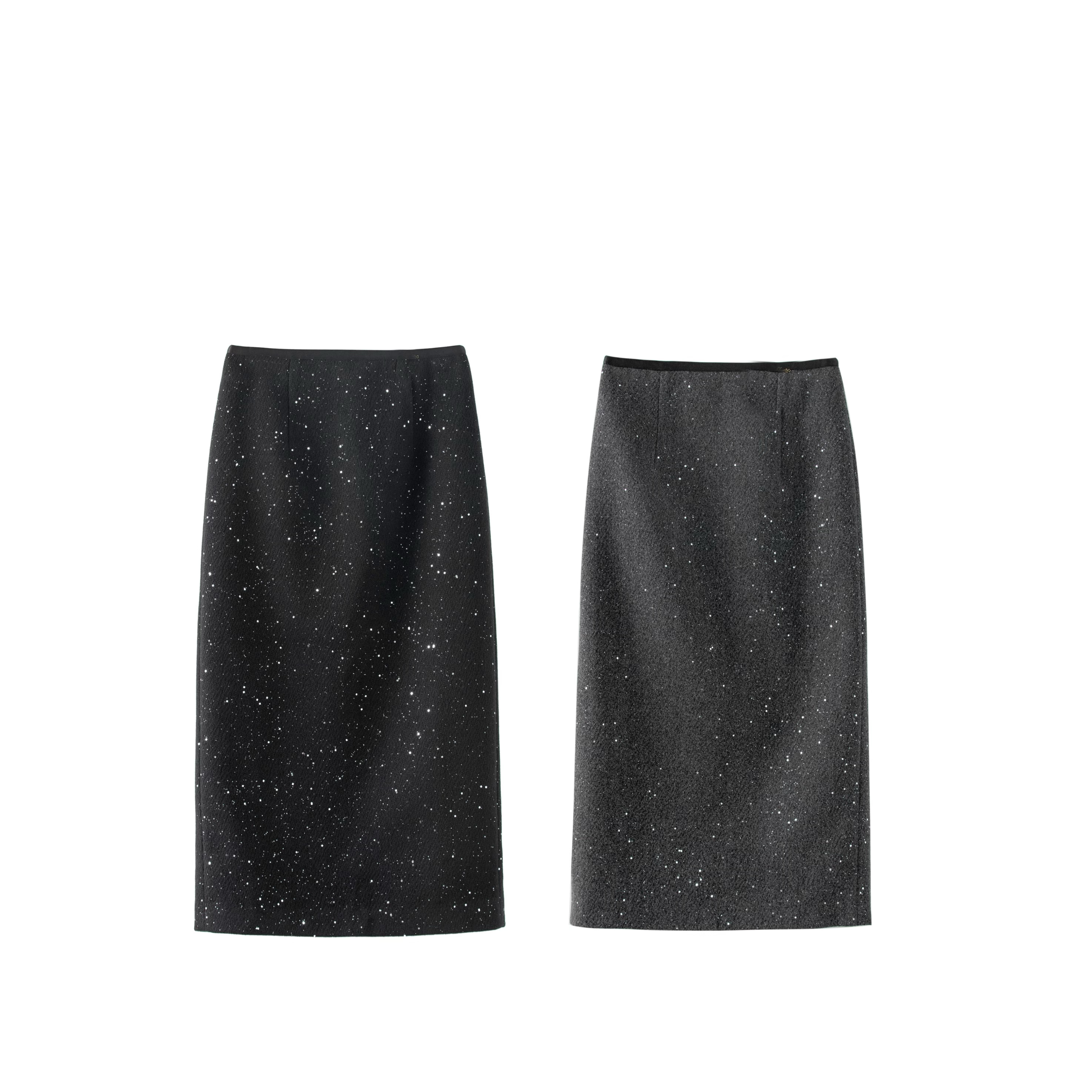 【星空裙】秋冬新款法式高腰加厚细闪亮片后开叉半裙MF-1433