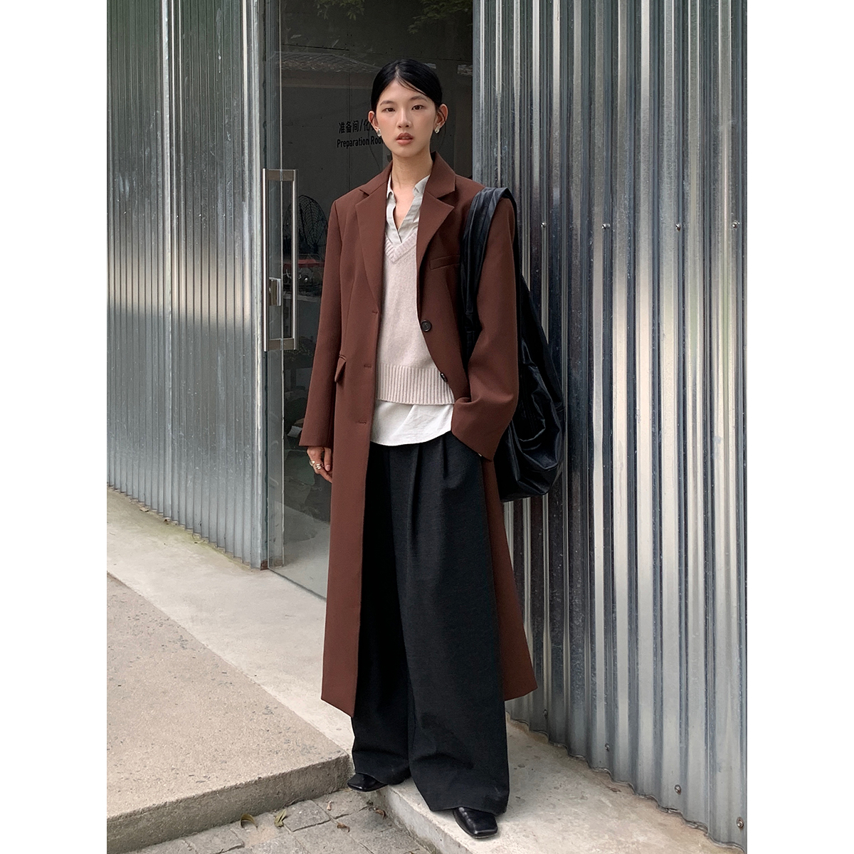 简约纯色西装领长款风衣外套秋冬新款气质大衣女大衣  A9212#  XJ
