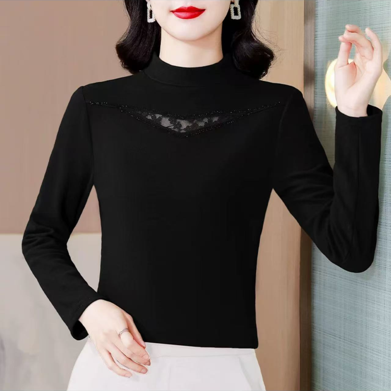 早春季女士纯色半高领镂空提花设计感烫钻百搭气质打底衫