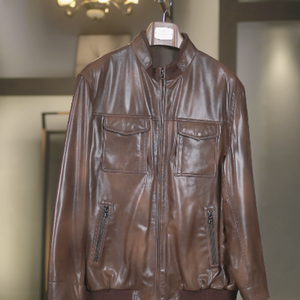 2415-S海宁男士立领真皮皮衣休闲商务春秋山羊皮夹克立领棕色外套