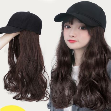 网红假发帽子女款2023新款时尚长卷发大波浪带假头发的棒球帽一_