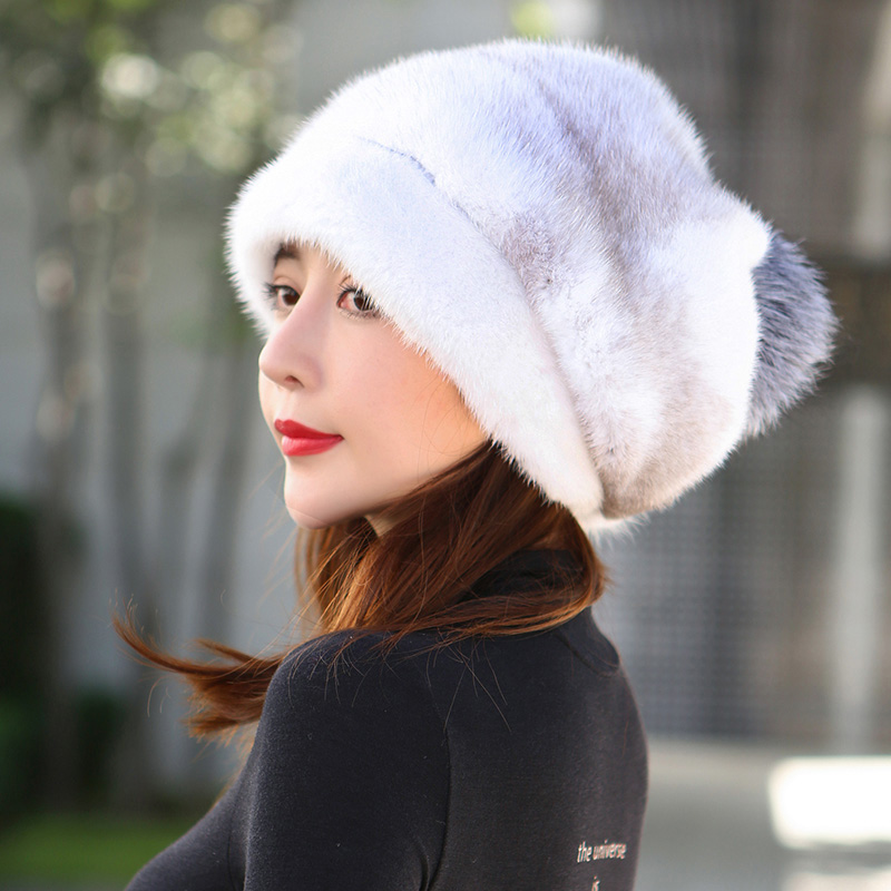貂皮帽子女冬季狐狸毛球贝雷帽女士水貂皮草帽护耳保暖妈妈滑雪帽