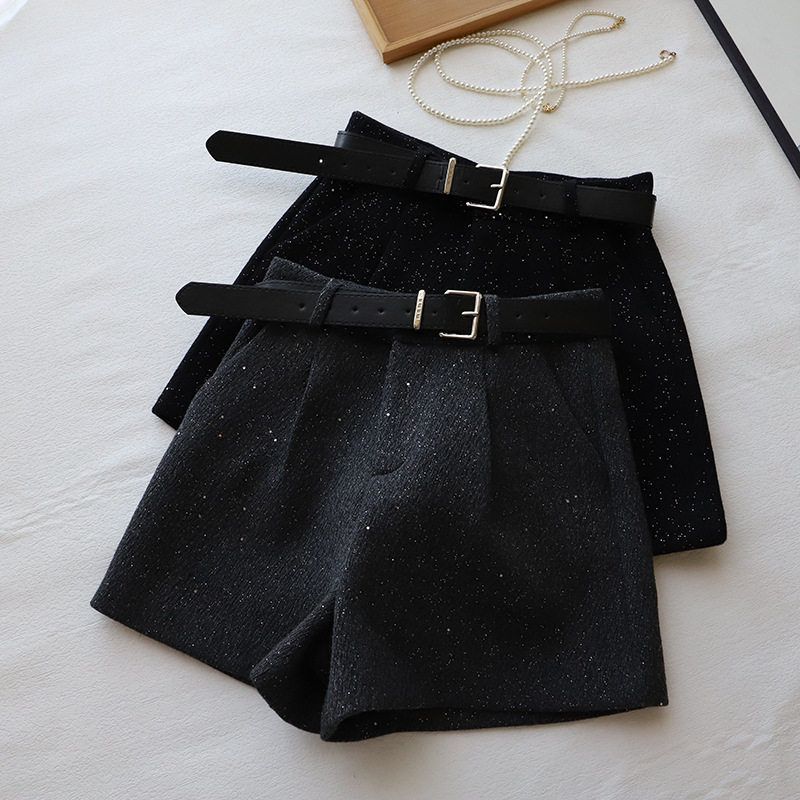2024冬季新品 气质亮片高腰呢子休闲短裤女百搭A字靴裤3057