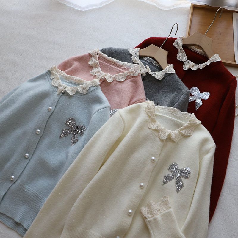 2024冬季新韩系减龄蕾丝花边拼接蝴蝶结钉钻针织毛衣女3089