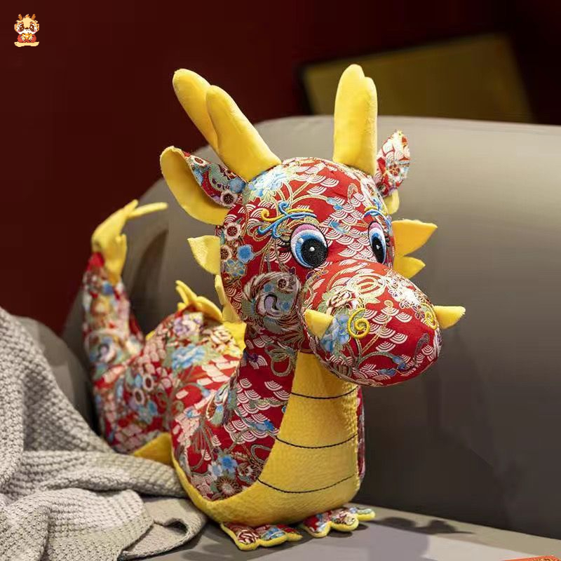 中国风花布龙毛绒玩具2024新款龙年吉祥物生肖龙中国风花布龙毛绒