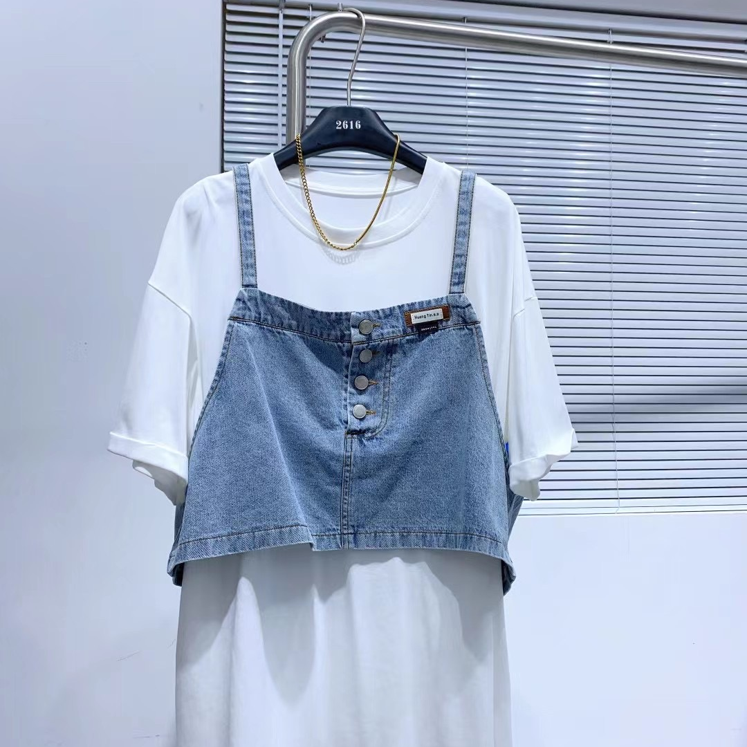 日常新中式两件套显瘦牛仔时尚夏季减龄宽松假两件韩版