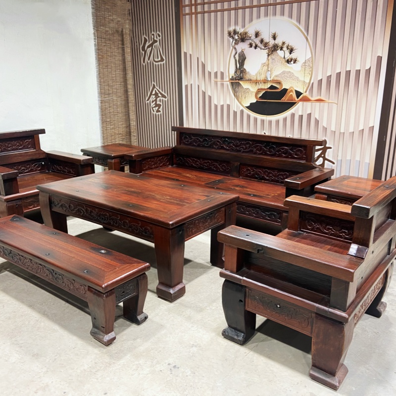 中式古典沙发老船木铁梨木成套家用客厅简约简约复古原木色茶桌椅