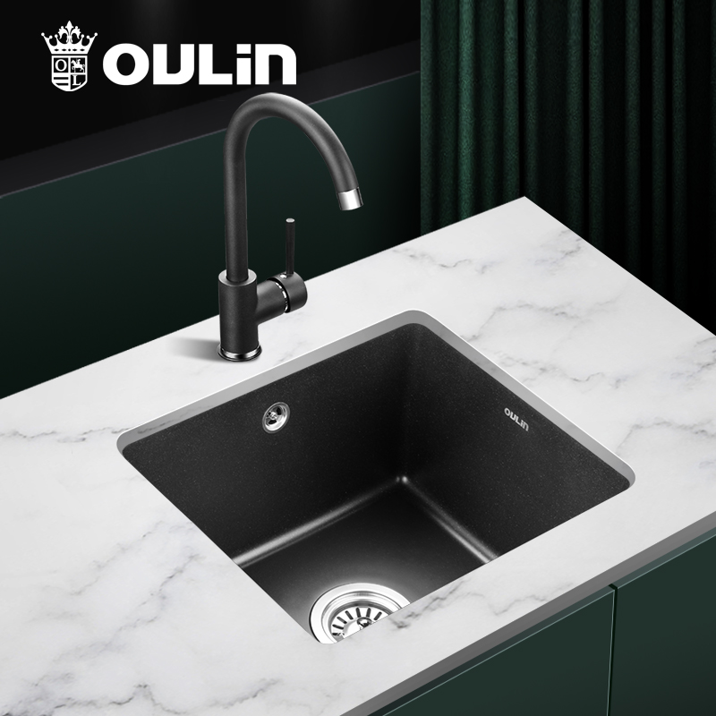 Oulin/欧琳石英石水槽 厨房洗菜盆黑色吧台单槽S112