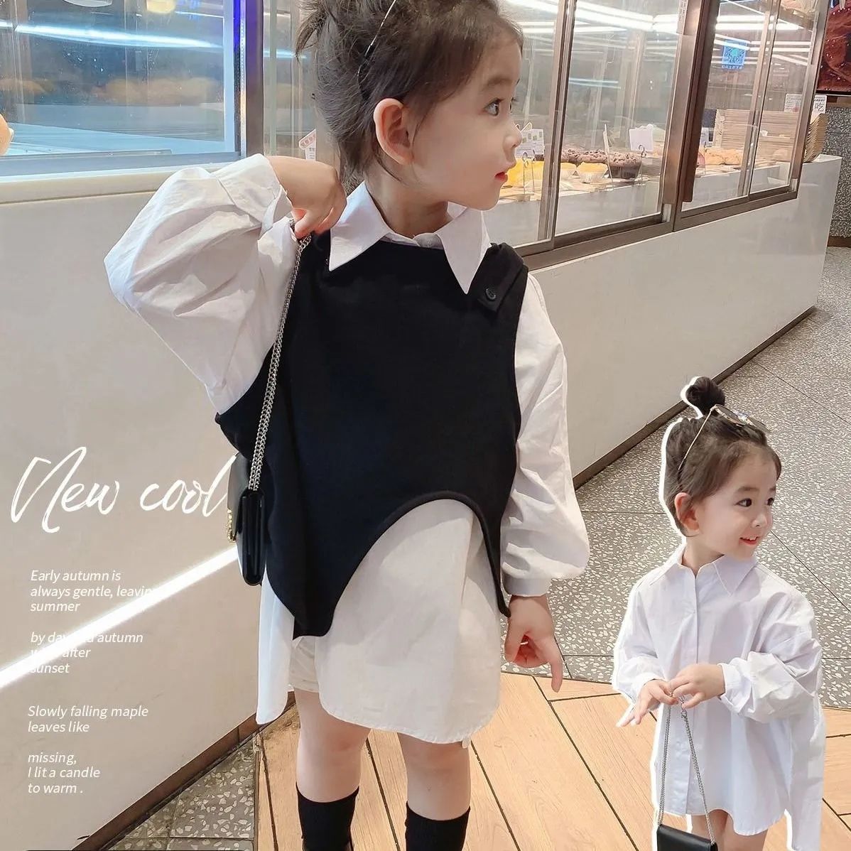 诺思女童秋装2023长款衬衣长袖儿童背心不规则马甲宝宝叠穿打底x