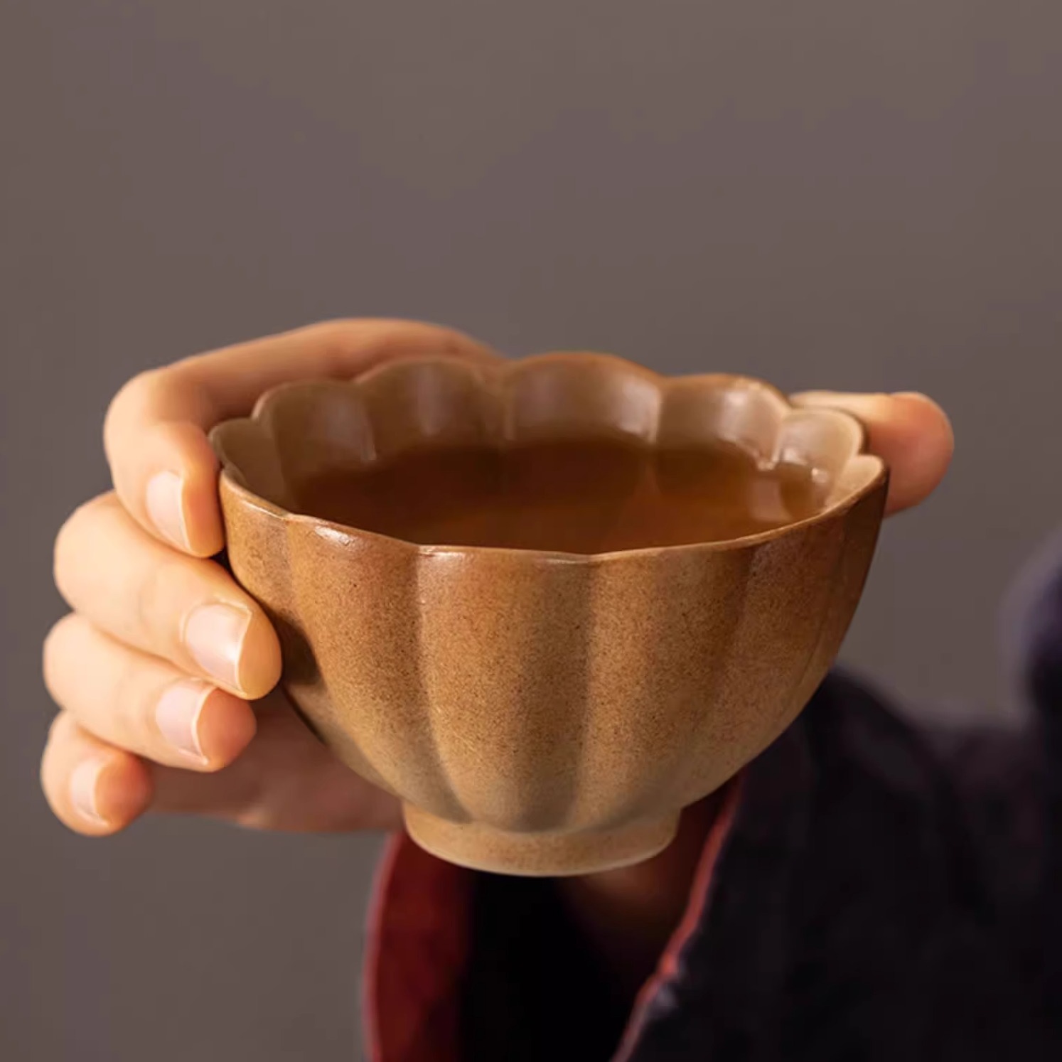 品茗杯煮茶器具单斗笠杯复古花瓣杯陶瓷柴烧主人杯烤奶茶罐喝茶杯