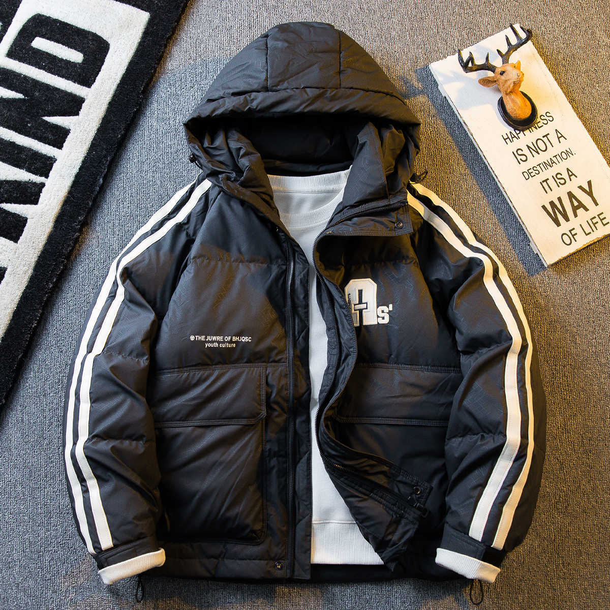 男装暗纹肌理感潮牌棉服男2024新款高级感加厚保暖防风连帽外套