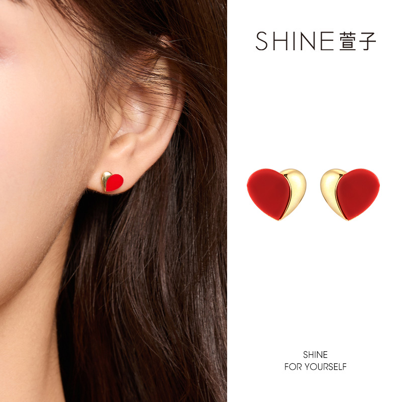 萱子 925银耳饰 925银耳饰精致不挑人红色爱心耳钉