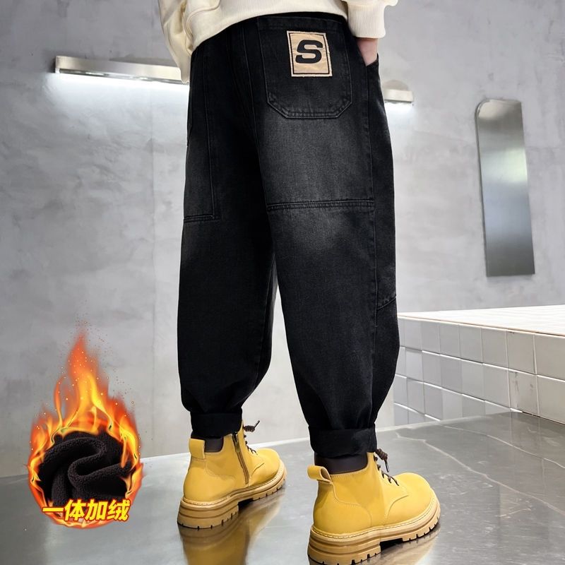 男童加绒牛仔裤2023冬季新款儿童一体绒裤子中大童宽松休闲长裤潮