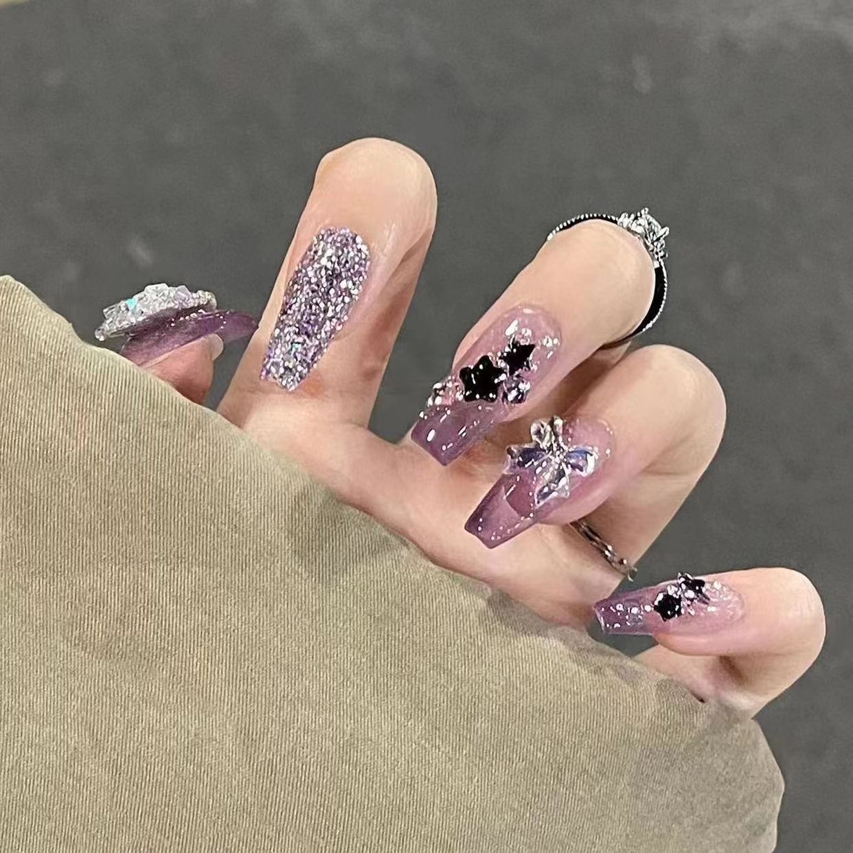 手工美甲穿戴甲假指甲贴片美甲贴片成品梦幻星云紫蝴蝶仙女美甲贴