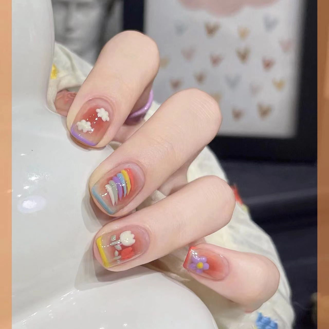 纯手工美甲穿戴甲指甲贴多巴胺ins可爱百搭彩虹郁金香时尚舒适款