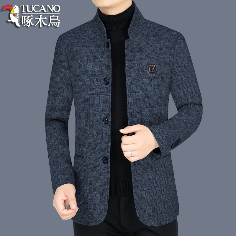 啄木鸟加厚毛呢外套男立领商务夹克男中年毛呢大衣男爸爸装秋冬季