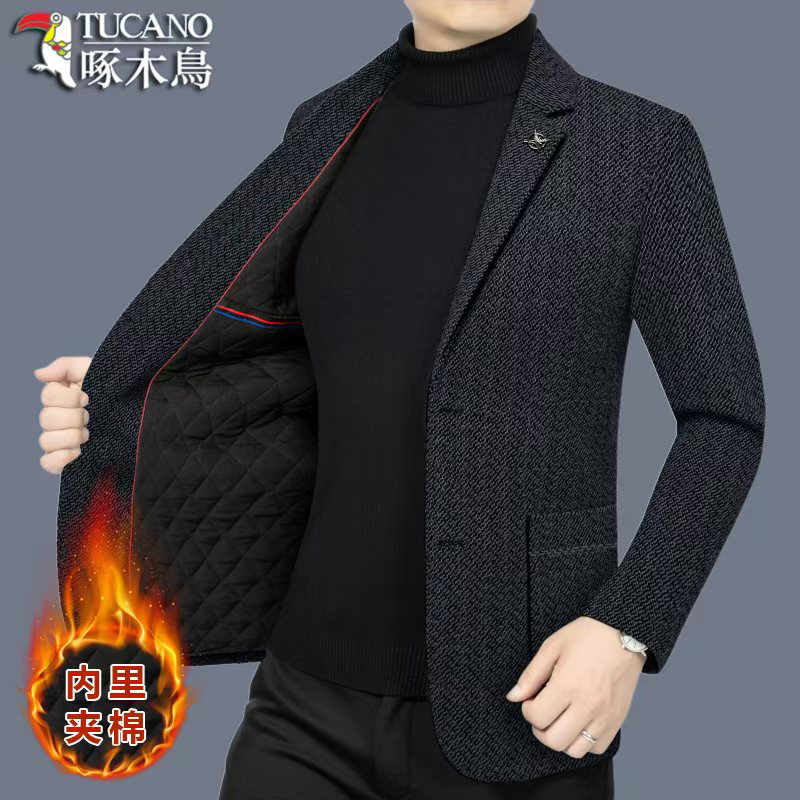 啄木鸟男士毛呢西服外套春装商务休闲男装呢子西装上衣男秋冬外衣