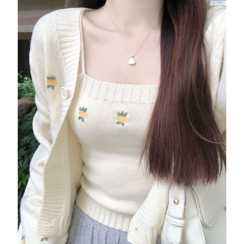 温柔风防晒针织衫女春秋季韩系奶甜短款开衫内搭吊带小背心两件套
