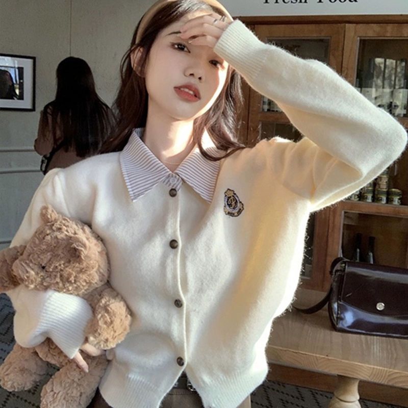 学院风拼接假两件针织衫女秋冬2024新款宽松短款长袖毛衣开衫上衣