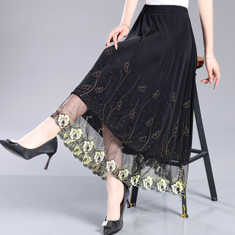 女士夏季2023新款大摆半身裙冰丝绣花网纱边垂感显瘦女士跳舞长裙
