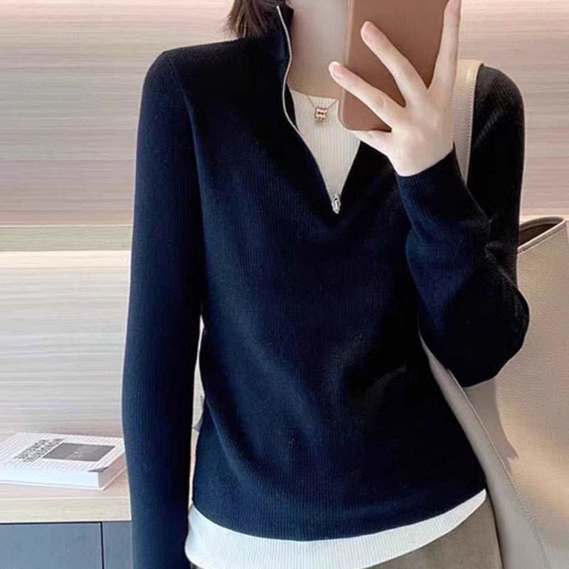 新款假两件拼接半拉链立领针织衫女秋季长袖时尚打底衫上衣