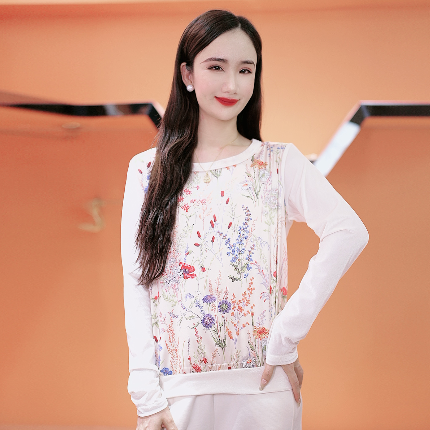 【真丝】‘’草本小花‘’桑蚕丝上衣拼真丝绒长袖轻奢打底衫卫衣外套女