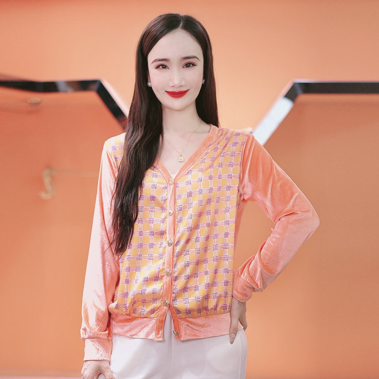 “线条格”名媛贵气桑蚕丝上衣ab面拼接真丝绒长袖针织开衫外套女秋