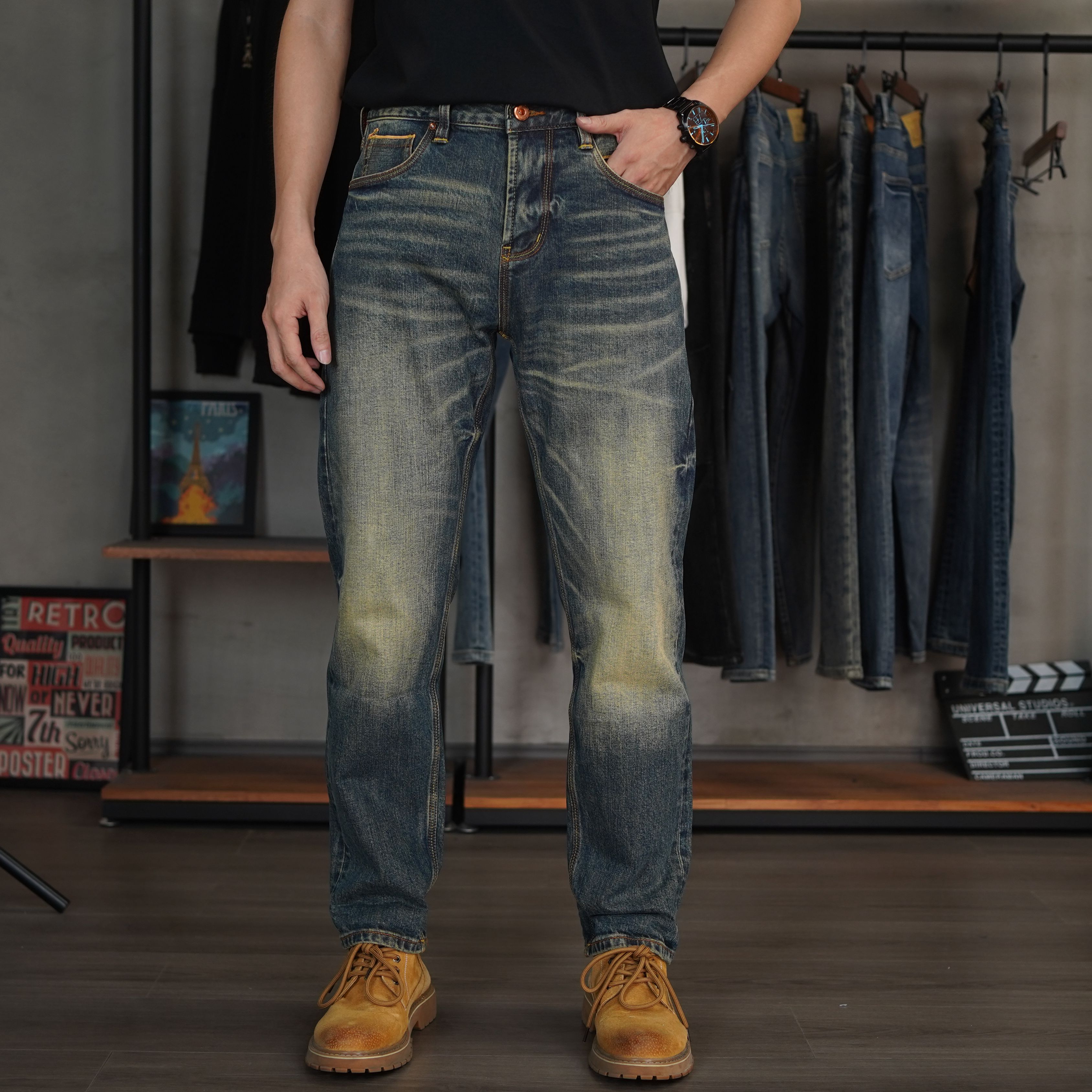 DH8907秋冬新款复古怀旧蓝重磅14盎司赤耳丹宁牛仔裤男LWS501直筒