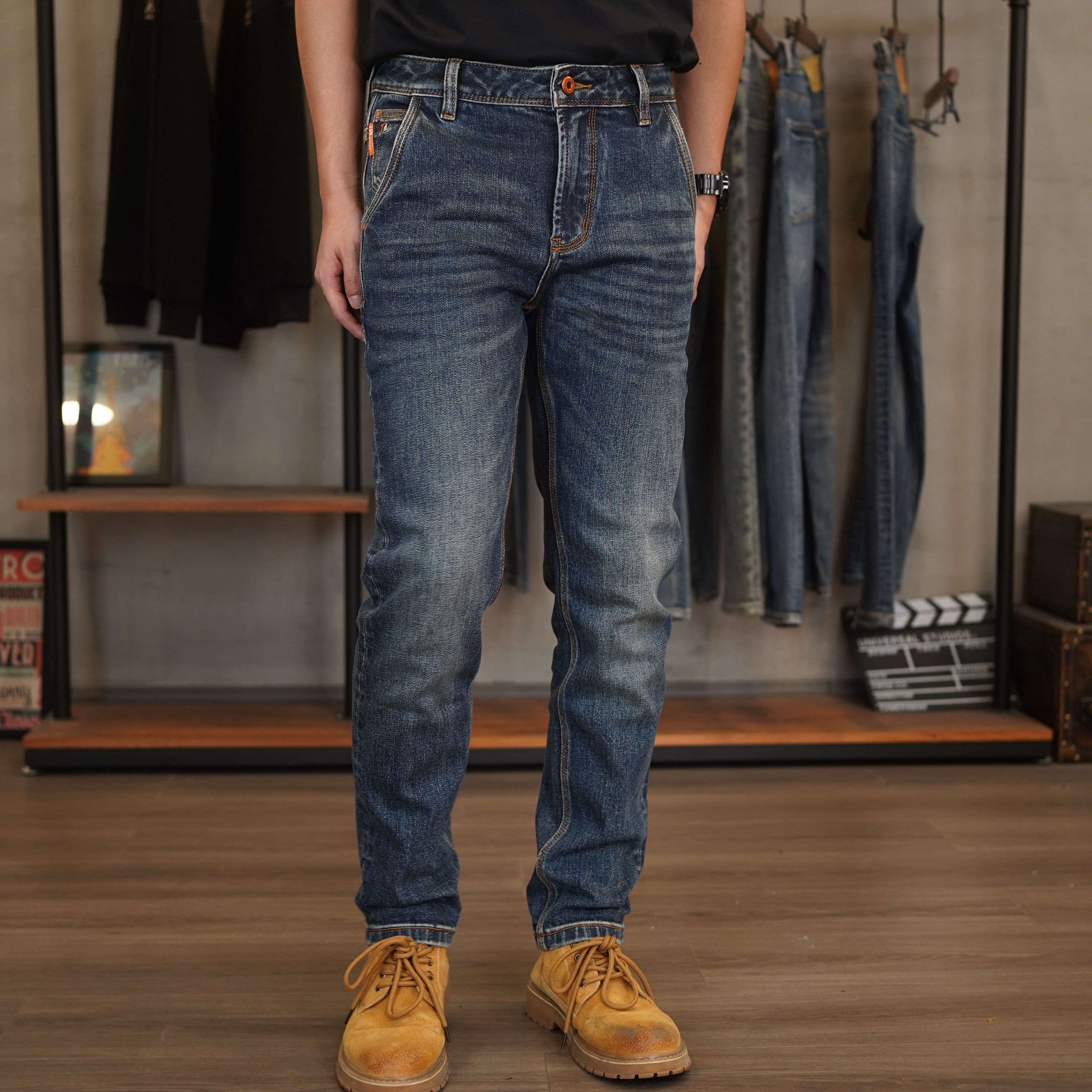 DH8914斜插口袋弹力蓝色男士舒适百搭修身小百搭废土风男装牛仔裤