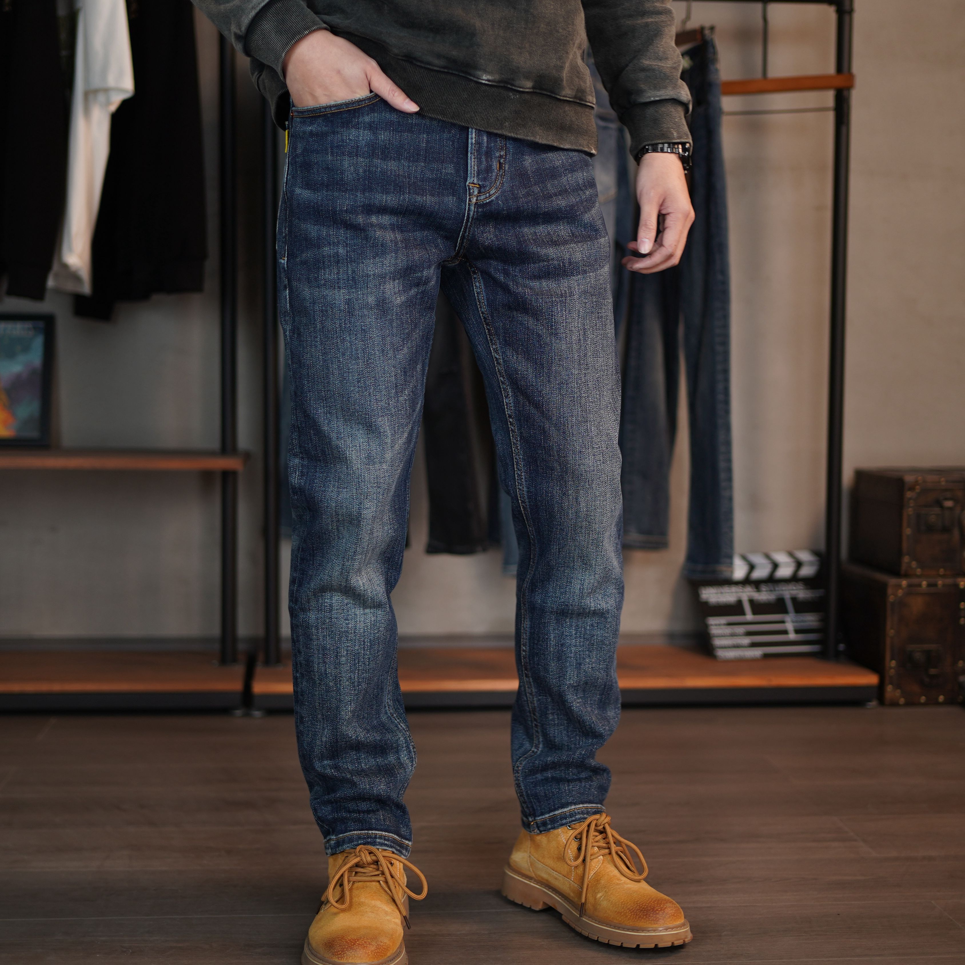 DH8757宽松深复古蓝14.5盎司牛仔裤男时尚潮流百搭弹力修身小直筒