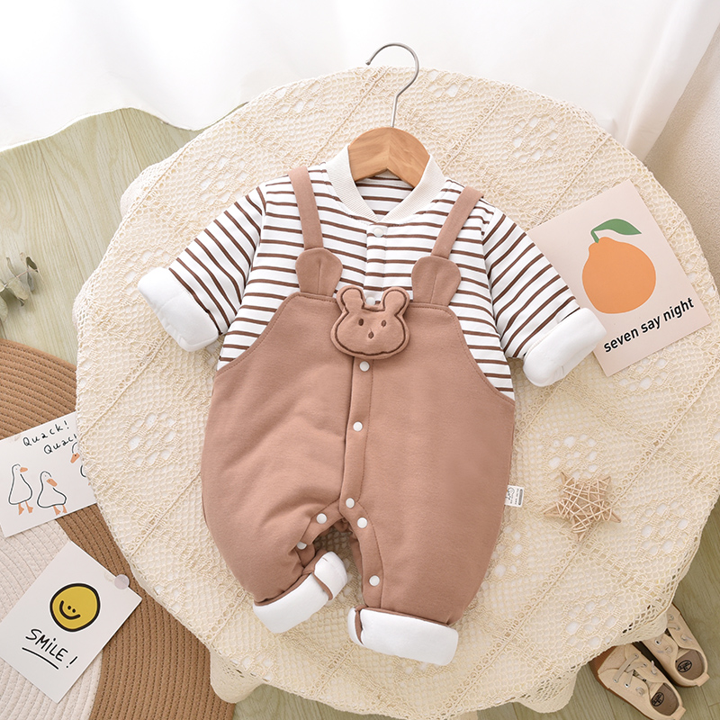 婴儿夹棉可爱长袖连体衣秋冬季新生儿保暖棉衣外出服宝宝秋冬装