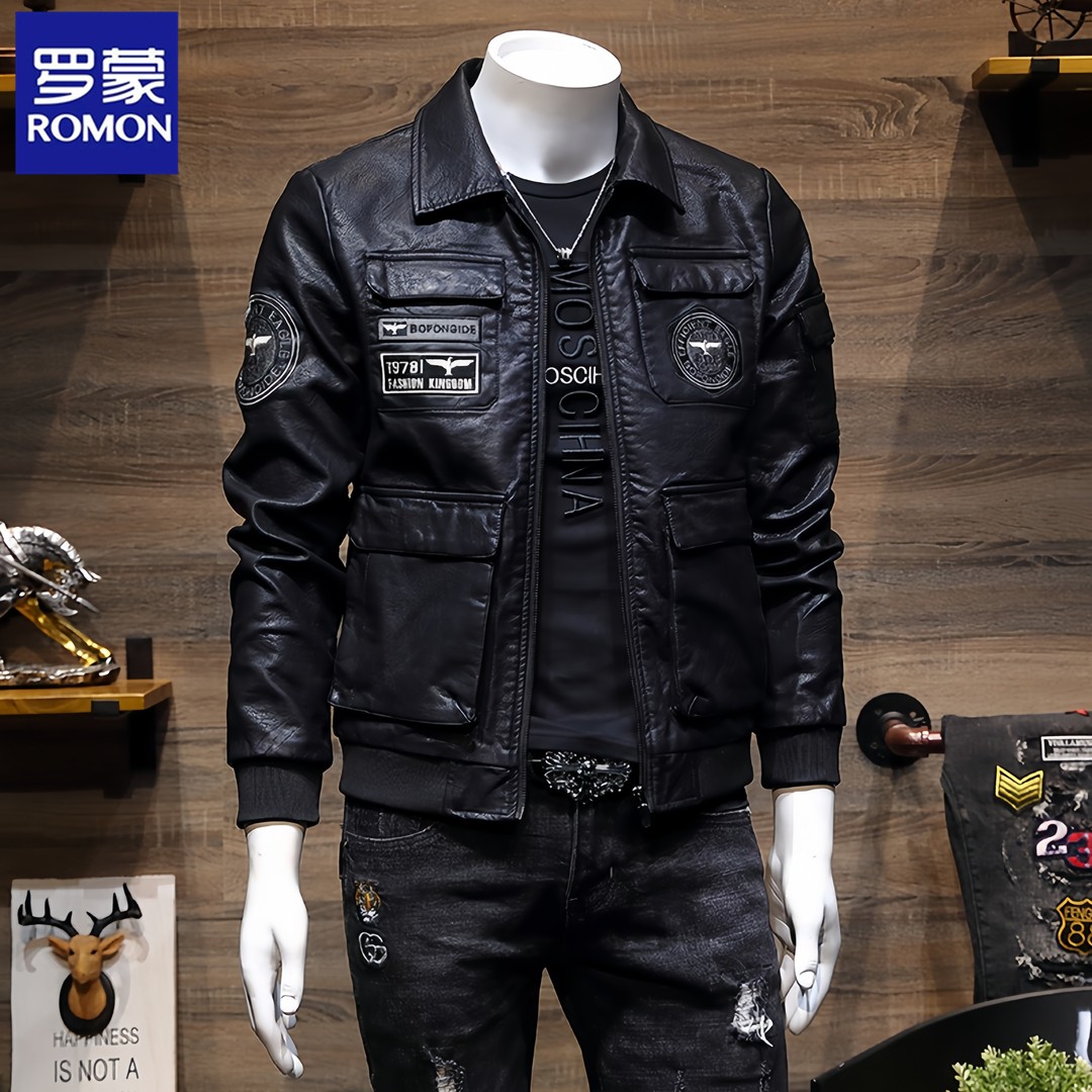 Romon/罗蒙男士皮衣翻领外套新款春秋韩版修身潮流帅气机车服夹克