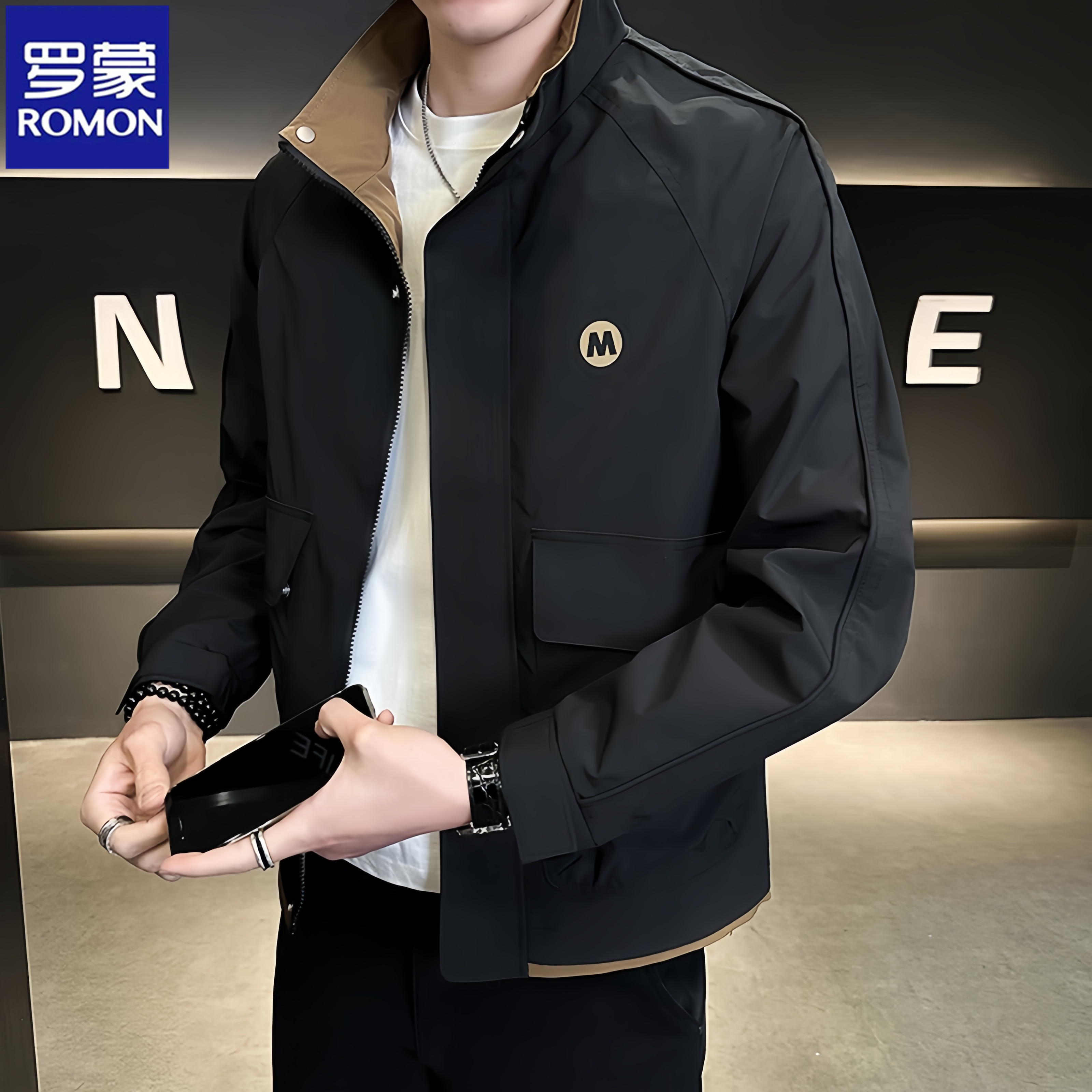 Romon/罗蒙春秋季立领夹克外套男士新款潮牌秋款休闲工装男款上衣