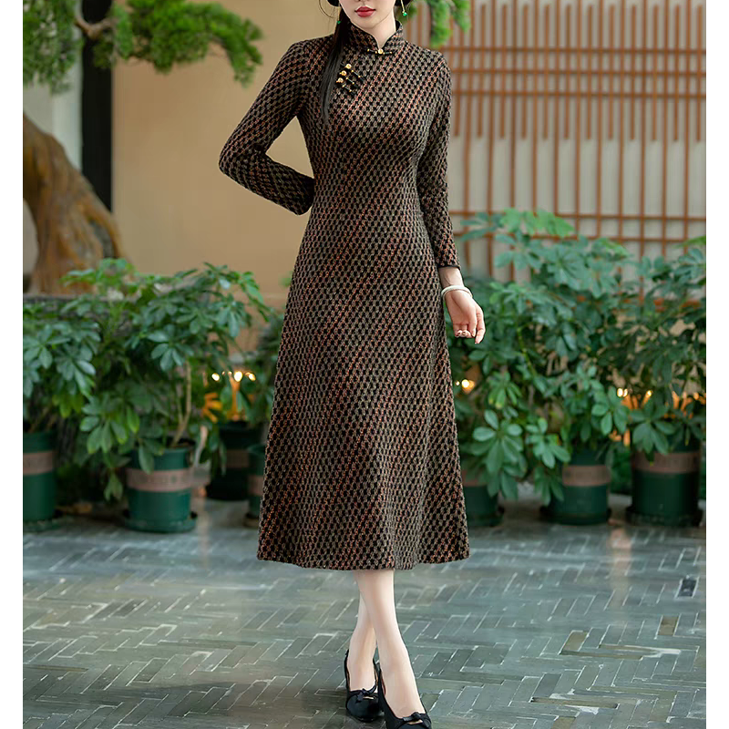 娴馨秋冬加厚水貂绒防风改良日常九分袖A摆显瘦手工盘扣复古旗袍