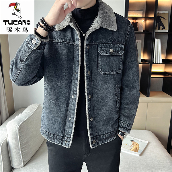 啄木鸟冬季加绒牛仔外套男新款潮流百搭中年休闲宽松夹克加厚保暖