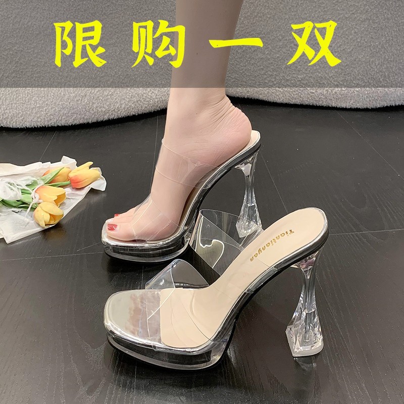 百丽纯爱12cm超高跟凉鞋女透明防水台一字带凉拖鞋水晶跟粗跟模
