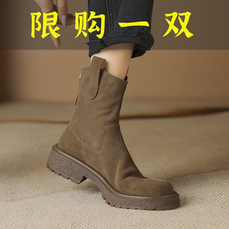 百丽纯爱2023年新款翻毛皮短靴女粗跟短筒靴子女磨砂皮马丁靴女