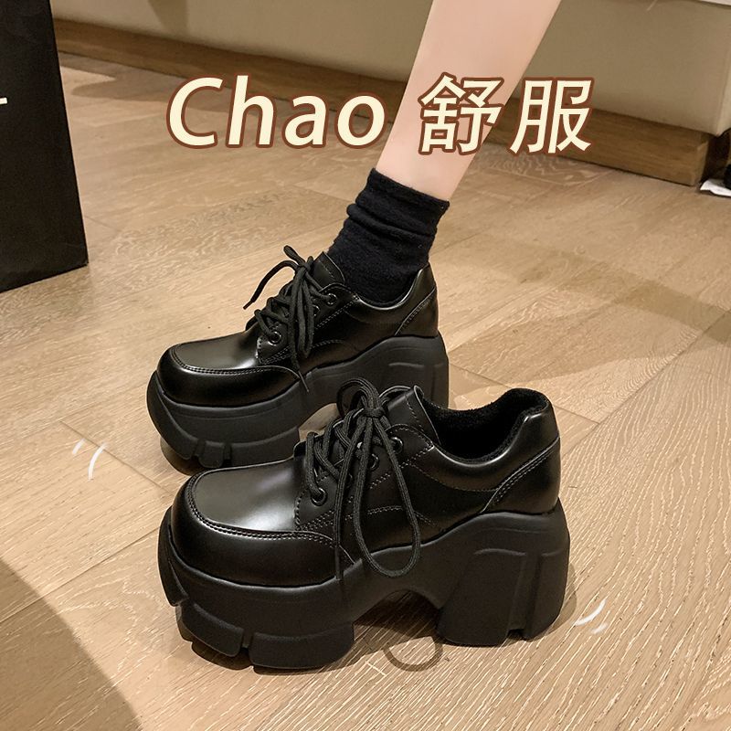 厚底内增高小皮鞋女年春夏季新款英伦风松糕休闲百搭玛春秋黑色